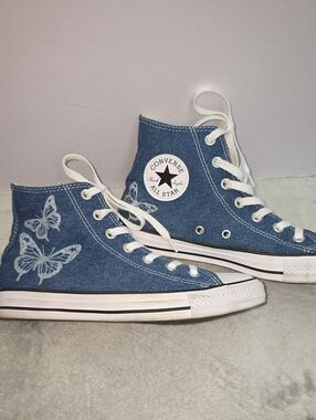 Converse High Top Sneakers in Blue Denim with White Butterfly Accents